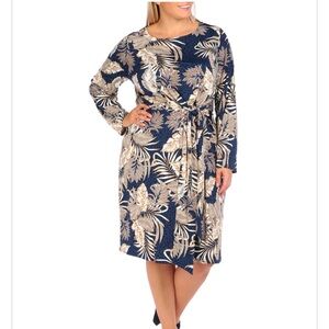 Long sleeved plus size mock wrap dress 2XL. Navy blue and cream with brown.